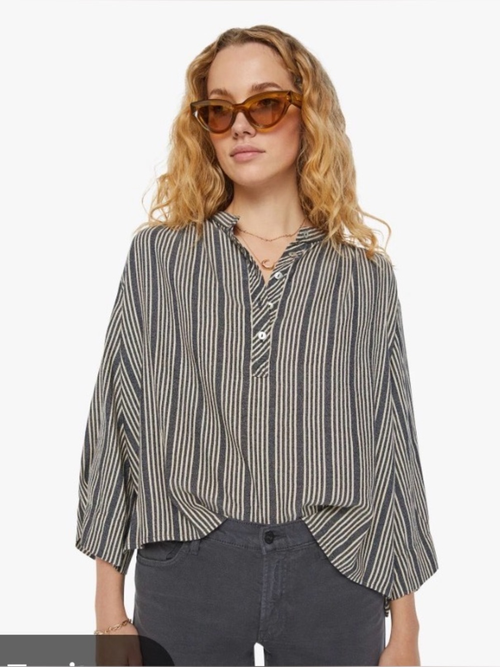 MOTHER The Poppy Top Line in the Sun Gray and White Striped Top, Small